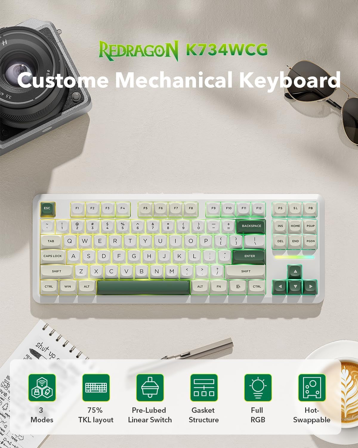 K734W 75% Wireless Mechanical Keyboard RGB - White & Green | BT5.0/2.4G/USB-C 81Keys TKL Custom Hot Swappable Gaming Keyboard, Pre-Lubed Linear Switche, Gasket Creamy Keyboard for PC/MAC