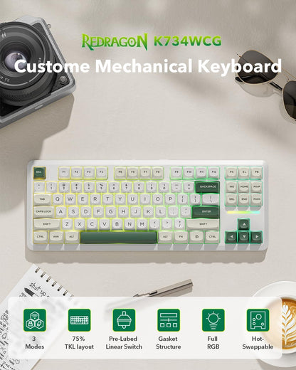 K734W 75% Wireless Mechanical Keyboard RGB - White & Green | BT5.0/2.4G/USB-C 81Keys TKL Custom Hot Swappable Gaming Keyboard, Pre-Lubed Linear Switche, Gasket Creamy Keyboard for PC/MAC