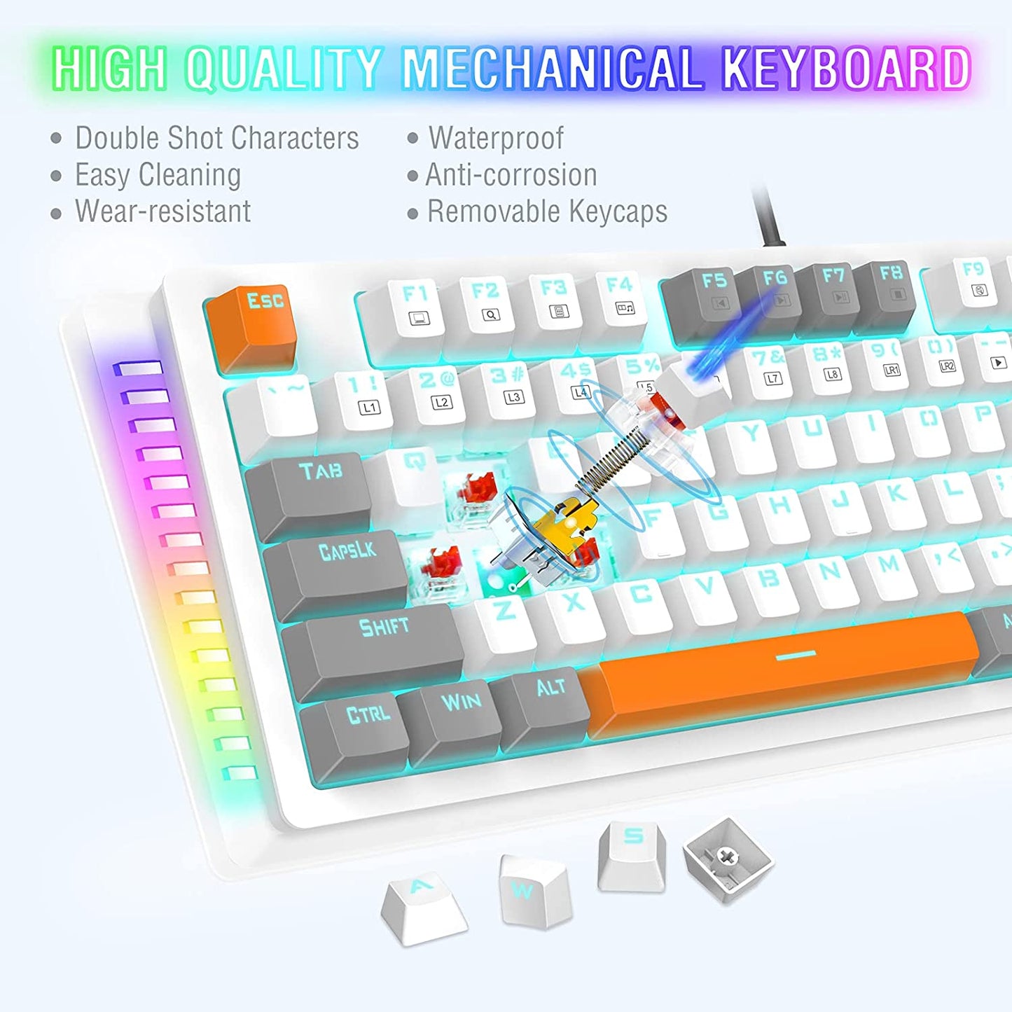 Mechanical Gaming Keyboard, Wired 75% Mechanical Keyboard with Red Switches, 87 Keys Gaming Keyboard with Solid Color Backlit & RGB LED Sidelight for Windows Mac PC Gaming