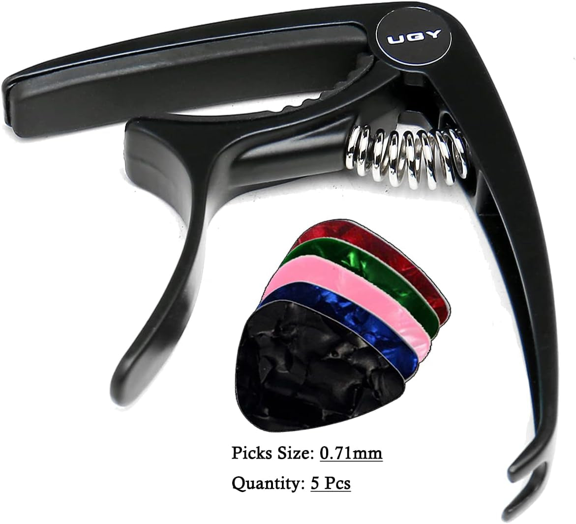 Guitar Capo for Acoustic/Electric Guitar & Ukulele - Black with 5 Picks