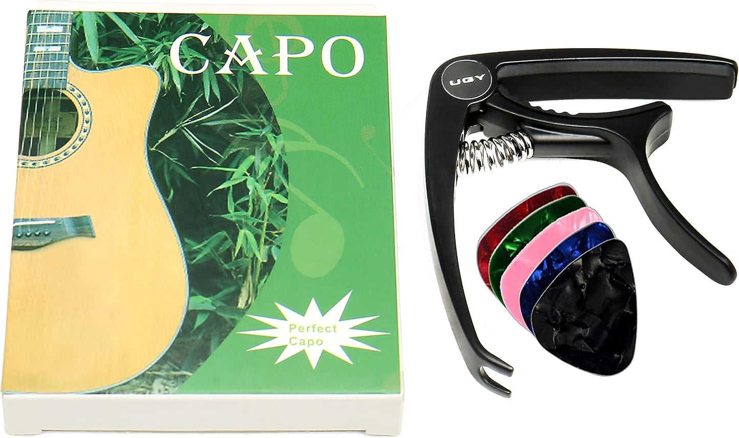 Guitar Capo for Acoustic/Electric Guitar & Ukulele - Black with 5 Picks