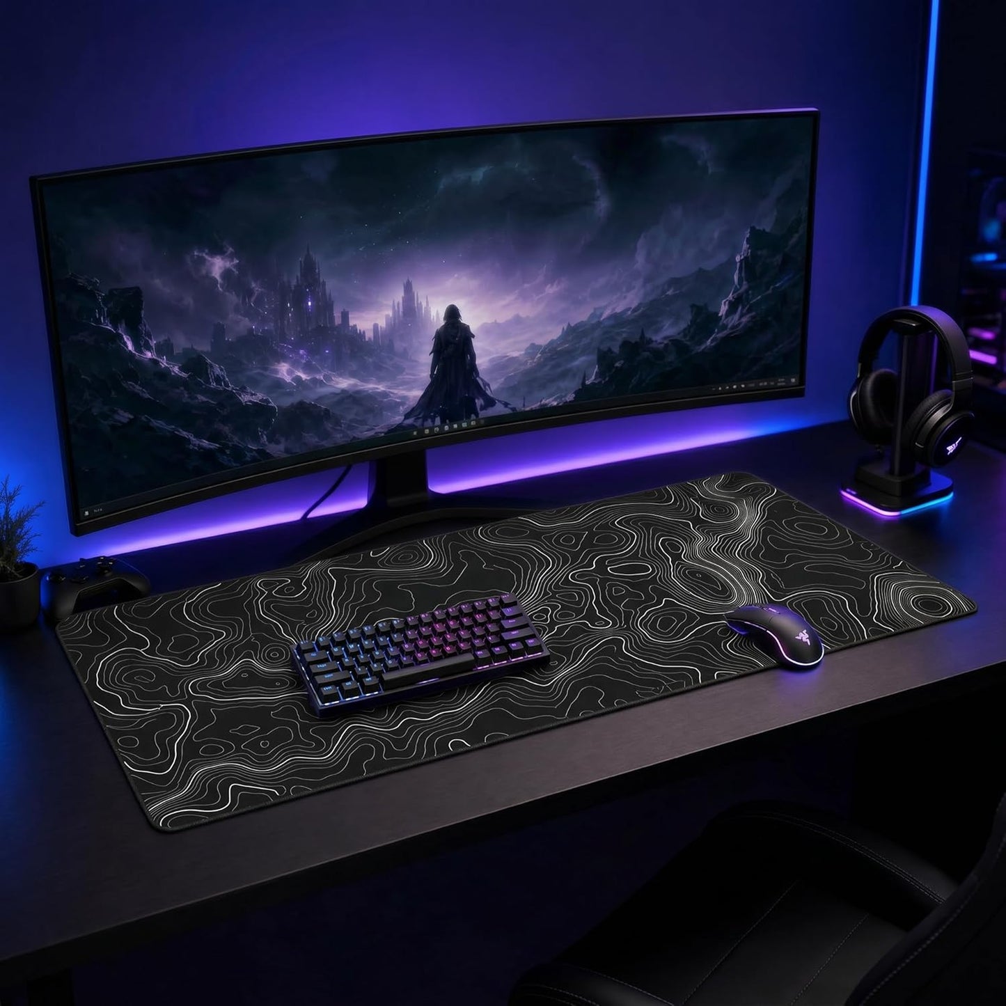 Large Mouse Pad Mat 35X17 Inch, XXXL Gaming Mouse Pad Topographic Map Lines | Extended Desk Mat with Non-Slip Rubber Base, Geographic Contour Topographic Design Mousepad for Gaming, Office, Laptop & PC