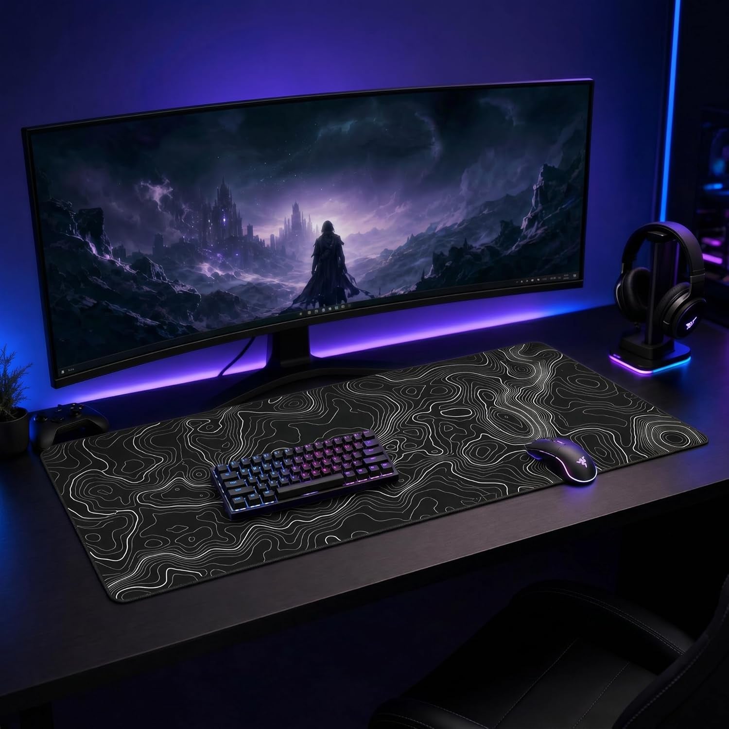 Large Mouse Pad Mat 35X17 Inch, XXXL Gaming Mouse Pad Topographic Map Lines | Extended Desk Mat with Non-Slip Rubber Base, Geographic Contour Topographic Design Mousepad for Gaming, Office, Laptop & PC
