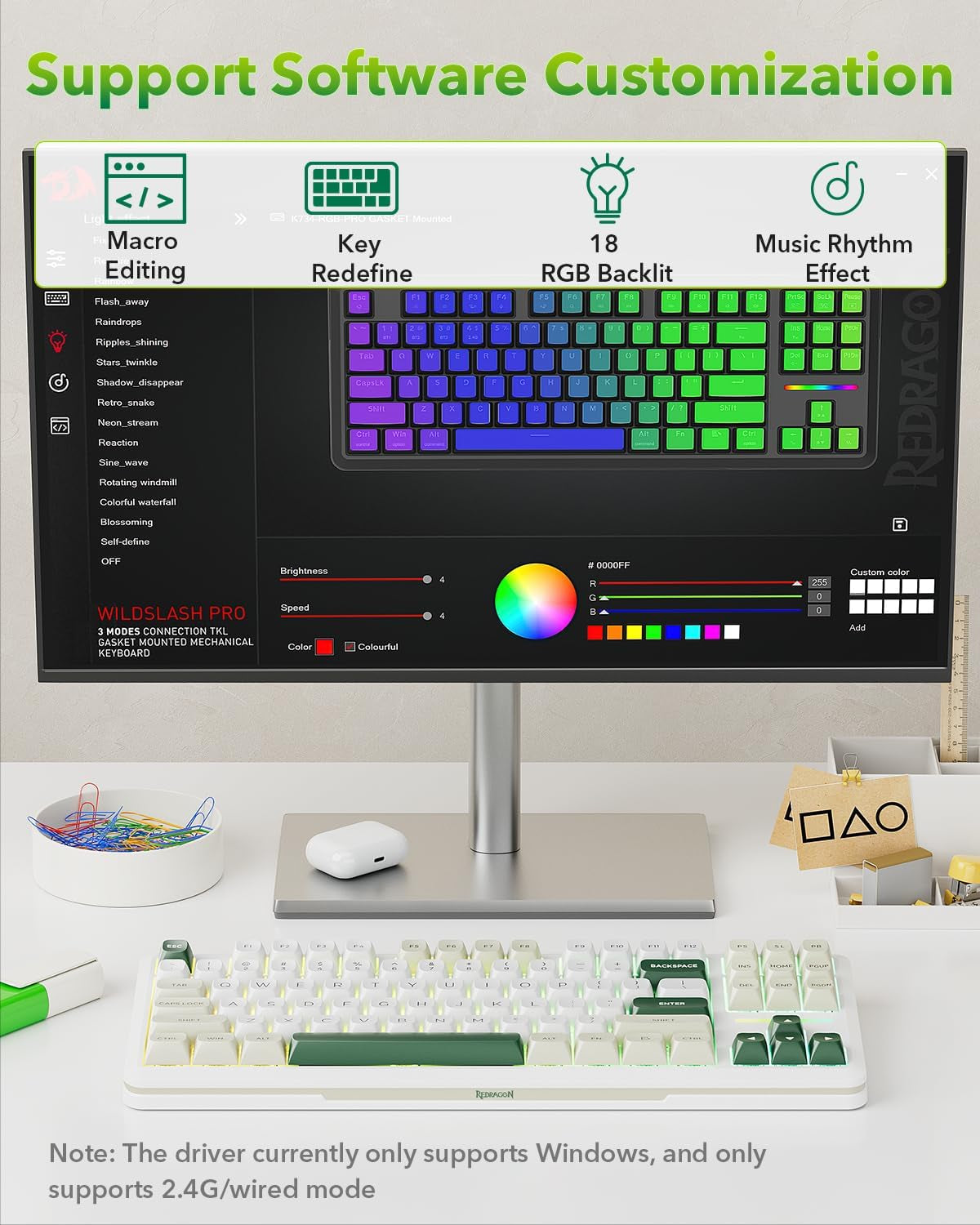 K734W 75% Wireless Mechanical Keyboard RGB - White & Green | BT5.0/2.4G/USB-C 81Keys TKL Custom Hot Swappable Gaming Keyboard, Pre-Lubed Linear Switche, Gasket Creamy Keyboard for PC/MAC