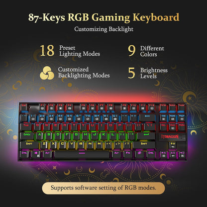 K552P Mechanical Gaming Keyboard TKL with 18 Backlight Modes, Hot-Swappable Blue Switches, 87-Key Compact Ergonomic Design, N-Key Rollover & Software Programmable Macro - RGB, Black
