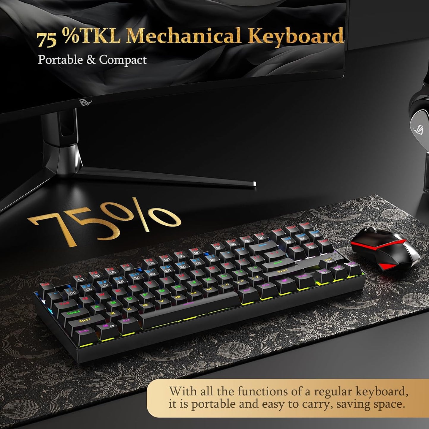 K552P Mechanical Gaming Keyboard TKL with 18 Backlight Modes, Hot-Swappable Blue Switches, 87-Key Compact Ergonomic Design, N-Key Rollover & Software Programmable Macro - RGB, Black