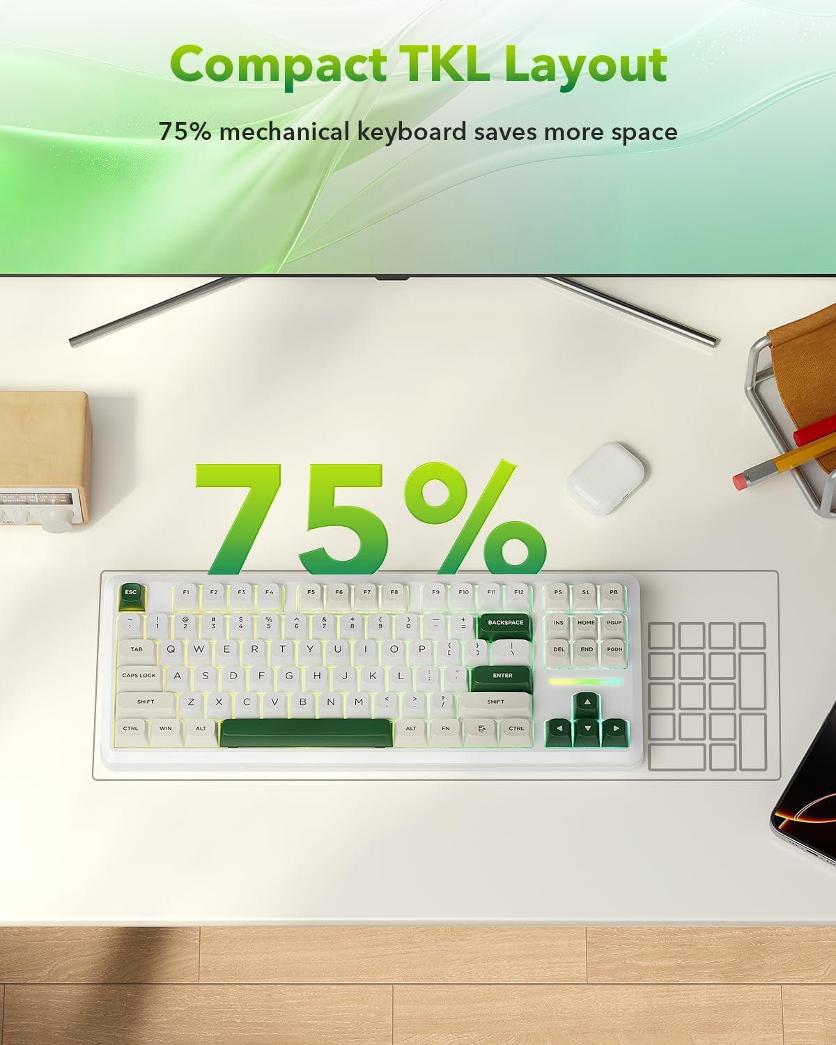 K734W 75% Wireless Mechanical Keyboard RGB - White & Green | BT5.0/2.4G/USB-C 81Keys TKL Custom Hot Swappable Gaming Keyboard, Pre-Lubed Linear Switche, Gasket Creamy Keyboard for PC/MAC