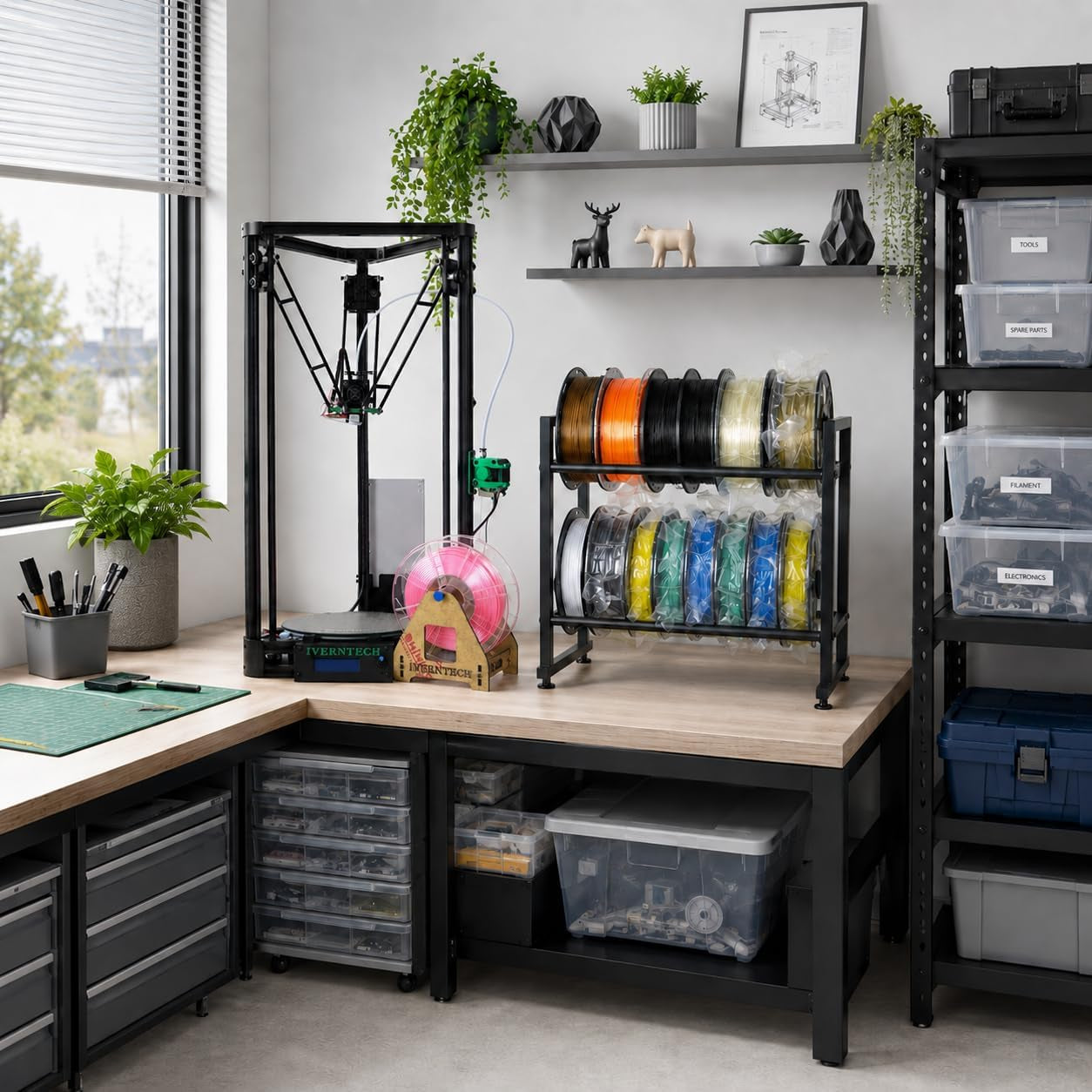 3D Printer Filament Storage Rack,2-Tier Desktop Metal Spool Holder | Organizer for PLA/ABS/TPU, Fits 12 Rolls for 3D Printing Workstation, Office,Workshop