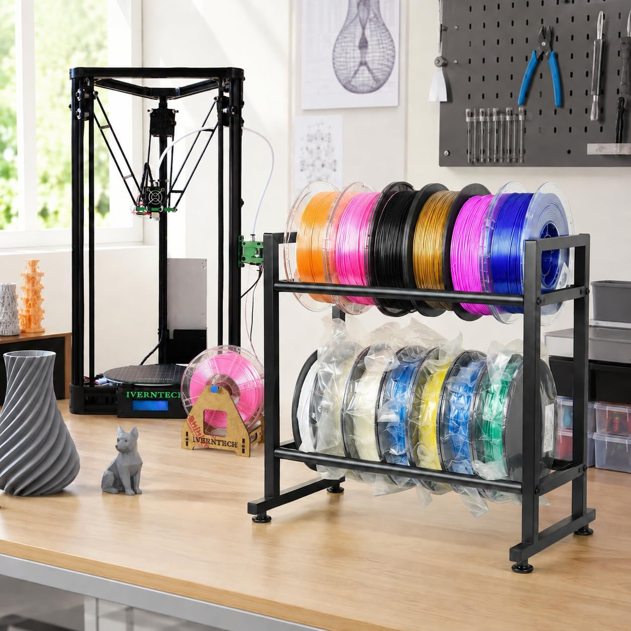 3D Printer Filament Storage Rack,2-Tier Desktop Metal Spool Holder | Organizer for PLA/ABS/TPU, Fits 12 Rolls for 3D Printing Workstation, Office,Workshop