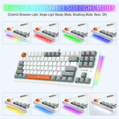 Mechanical Gaming Keyboard, Wired 75% Mechanical Keyboard with Red Switches, 87 Keys Gaming Keyboard with Solid Color Backlit & RGB LED Sidelight for Windows Mac PC Gaming