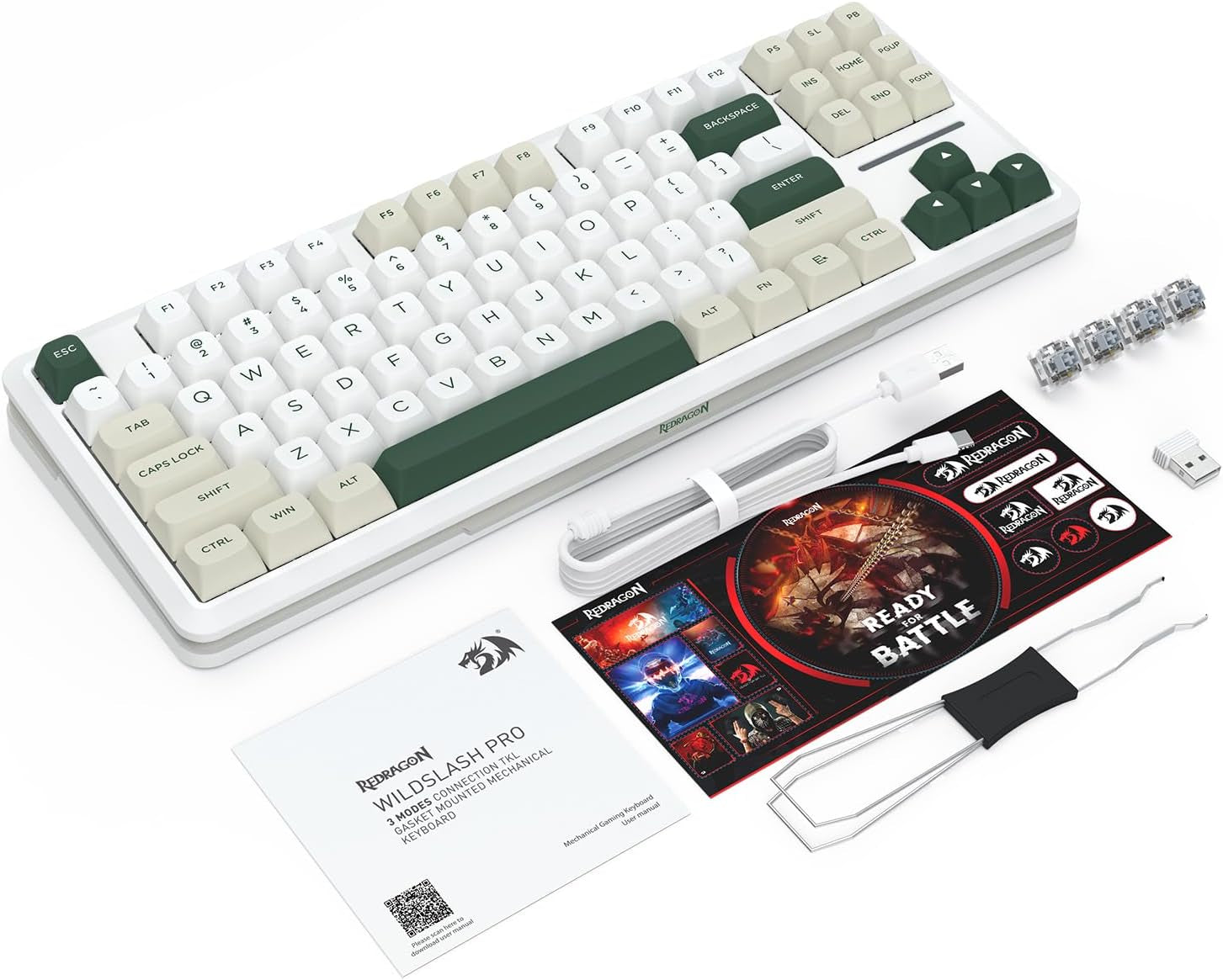 K734W 75% Wireless Mechanical Keyboard RGB - White & Green | BT5.0/2.4G/USB-C 81Keys TKL Custom Hot Swappable Gaming Keyboard, Pre-Lubed Linear Switche, Gasket Creamy Keyboard for PC/MAC