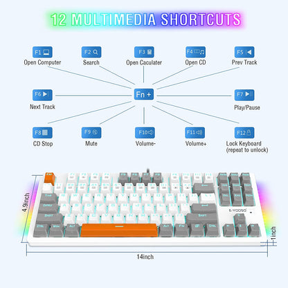 Mechanical Gaming Keyboard, Wired 75% Mechanical Keyboard with Red Switches, 87 Keys Gaming Keyboard with Solid Color Backlit & RGB LED Sidelight for Windows Mac PC Gaming