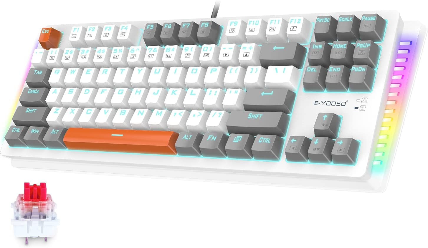 Mechanical Gaming Keyboard, Wired 75% Mechanical Keyboard with Red Switches, 87 Keys Gaming Keyboard with Solid Color Backlit & RGB LED Sidelight for Windows Mac PC Gaming