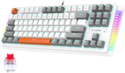 Mechanical Gaming Keyboard, Wired 75% Mechanical Keyboard with Red Switches, 87 Keys Gaming Keyboard with Solid Color Backlit & RGB LED Sidelight for Windows Mac PC Gaming