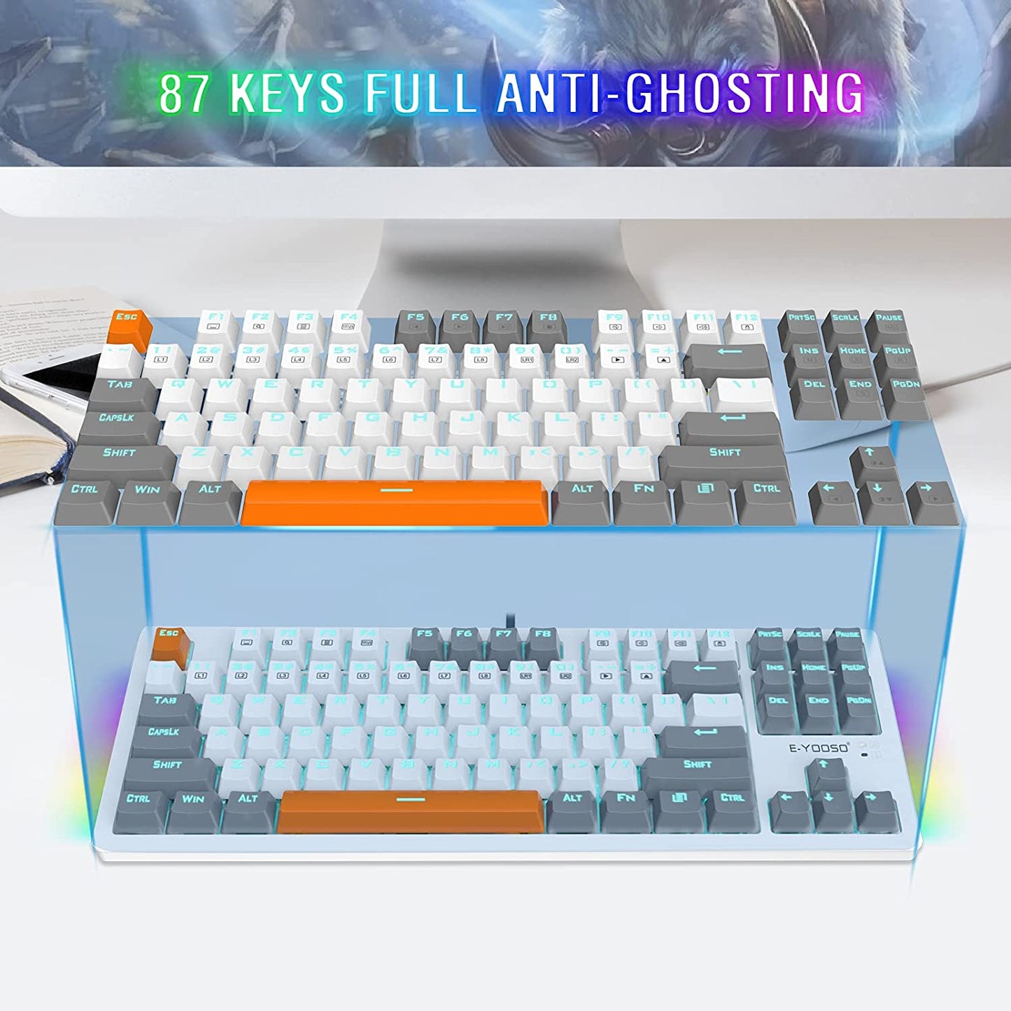 Mechanical Gaming Keyboard, Wired 75% Mechanical Keyboard with Red Switches, 87 Keys Gaming Keyboard with Solid Color Backlit & RGB LED Sidelight for Windows Mac PC Gaming