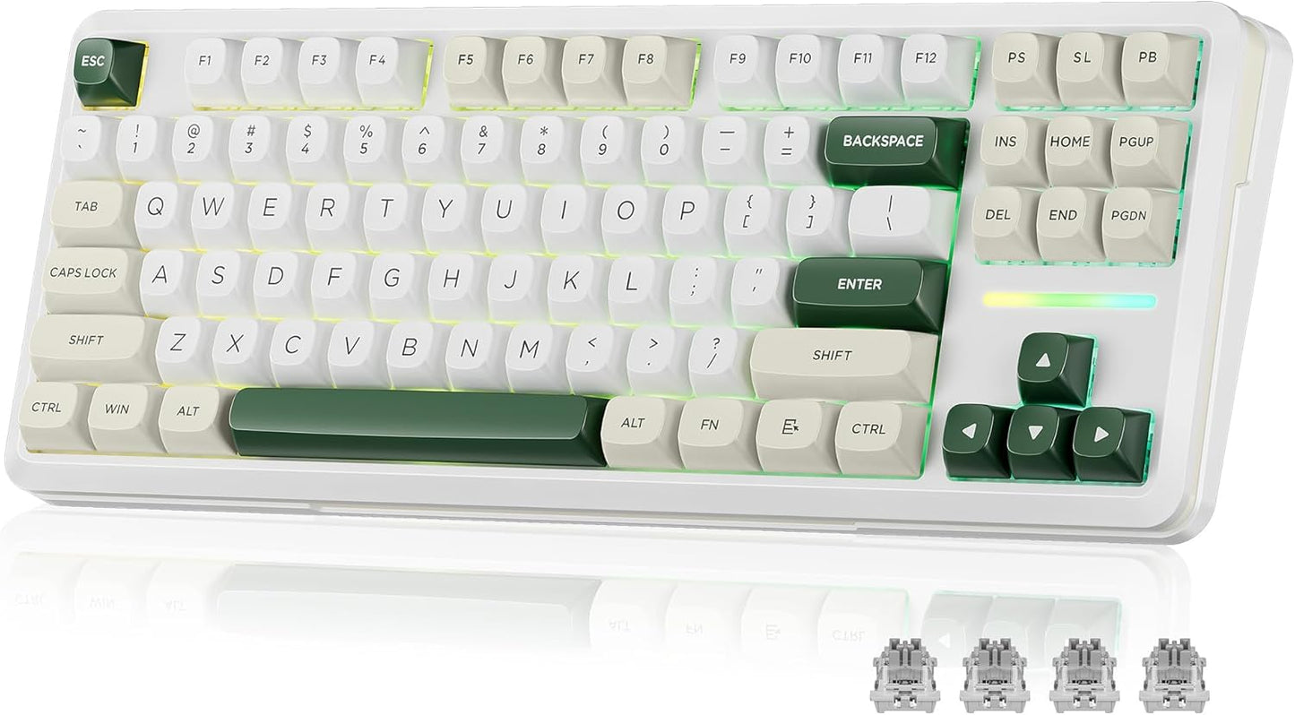 K734W 75% Wireless Mechanical Keyboard RGB - White & Green | BT5.0/2.4G/USB-C 81Keys TKL Custom Hot Swappable Gaming Keyboard, Pre-Lubed Linear Switche, Gasket Creamy Keyboard for PC/MAC