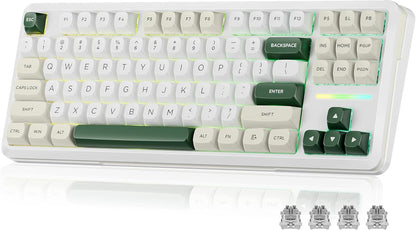 K734W 75% Wireless Mechanical Keyboard RGB - White & Green | BT5.0/2.4G/USB-C 81Keys TKL Custom Hot Swappable Gaming Keyboard, Pre-Lubed Linear Switche, Gasket Creamy Keyboard for PC/MAC