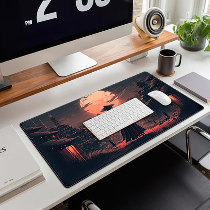 Japanese Landscape Desk Mat Post Moonlight Samurai Mouse Pad Large Dark Aesthetic Desk Pad Gaming Mousepad Extended XXL 31.5 X 15.7 in Laptop Computer Mouse Keyboard Mat